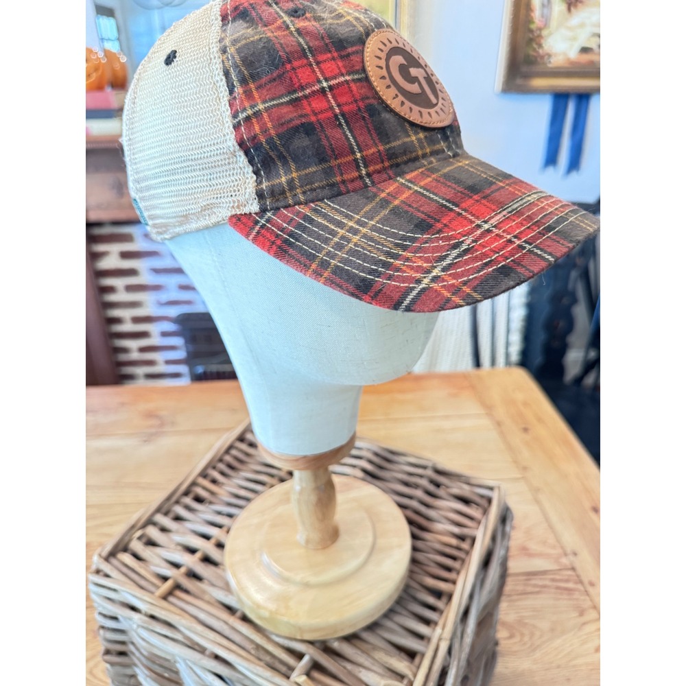 Legacy 92 Trucker Hat Red Black Plaid CT Leather Patch Mesh Snapback Cap